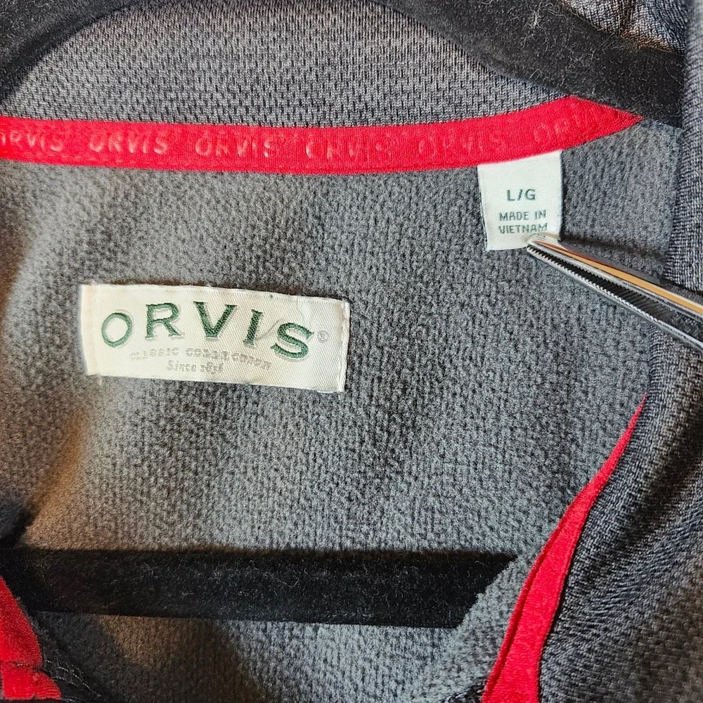 Orvis Mens Full Zip Fleece Jacket Grey‎ Black Textured Knit Mock Neck Large